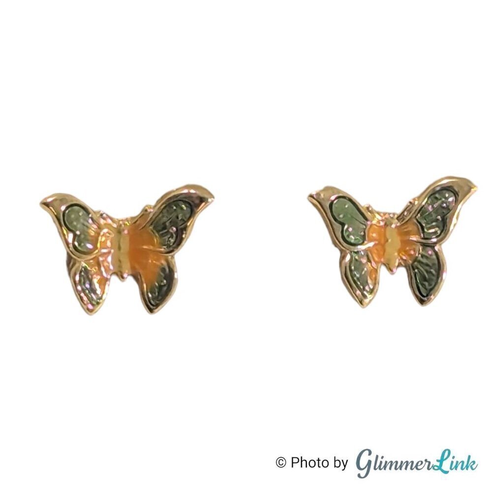 Vintage Dainty Green & Orange Butterfly Enamel Gold Tone Small Stud Earrings